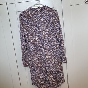 Long-Sleeve Purple Print Shift Dress with Subtle Taupe Accents